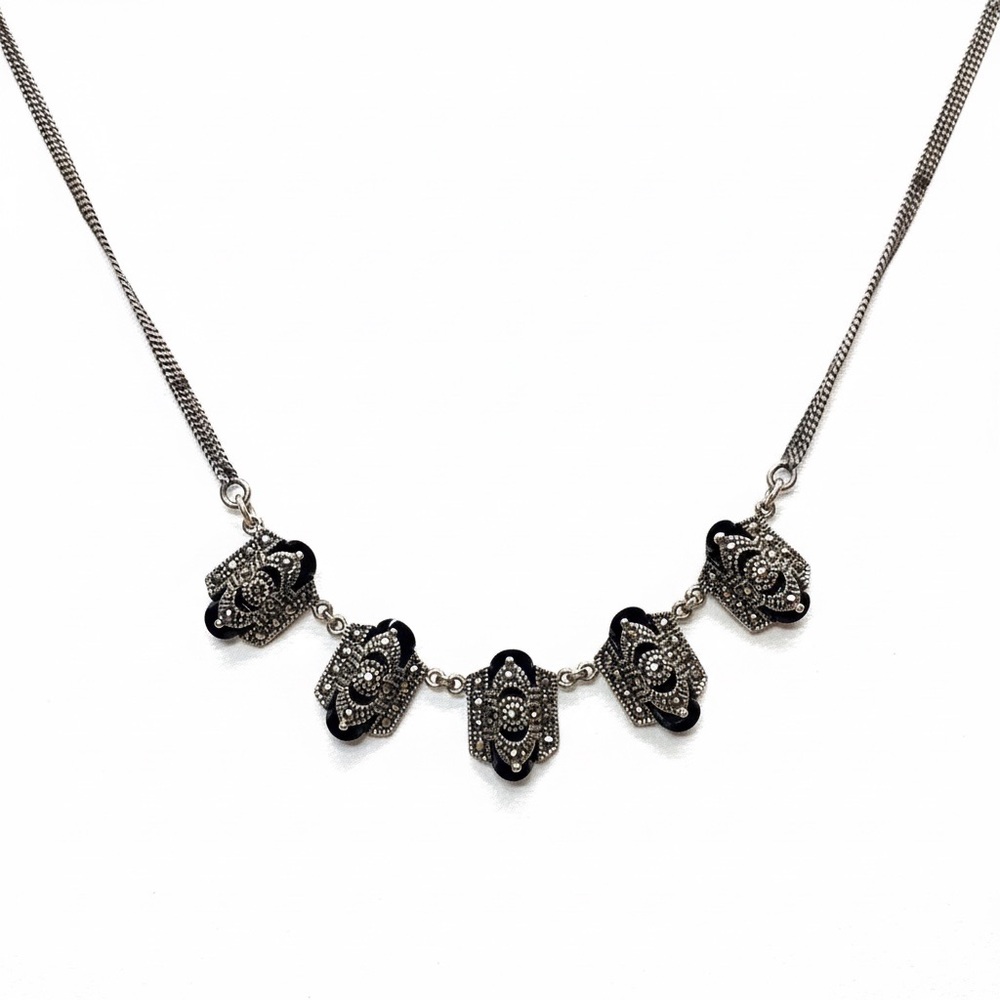 Vintage Black Onyx, Marcasite, Sterling Silver Necklace
